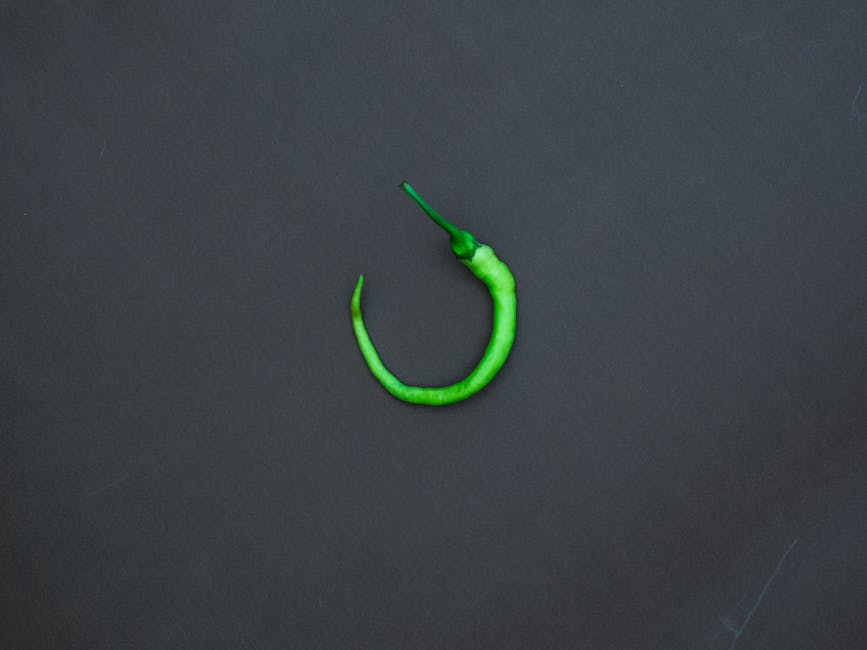 A fresh green chili pepper placed on a black textured background for culinary concepts.